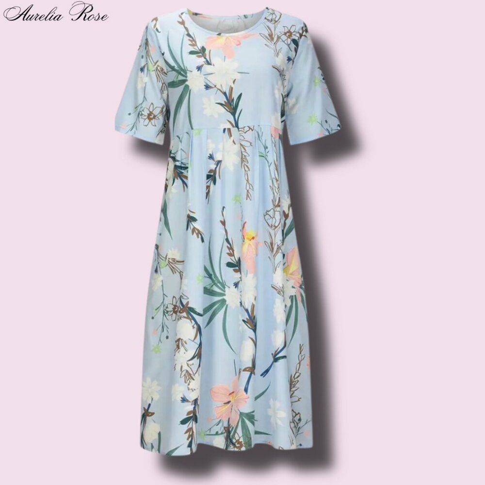 💐 Baby Blue Floral Print High Waist Dress